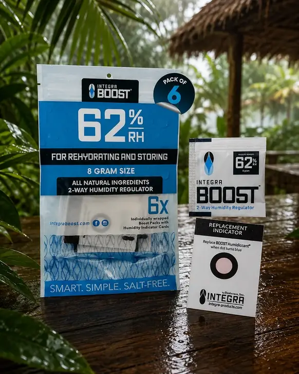 A retail pack of six Integra Boost 62% humidity regulator sachets standing on a wet wooden table outdoors, with a single sachet and a replacement-indicator card beside it, palms and a thatched roof behind