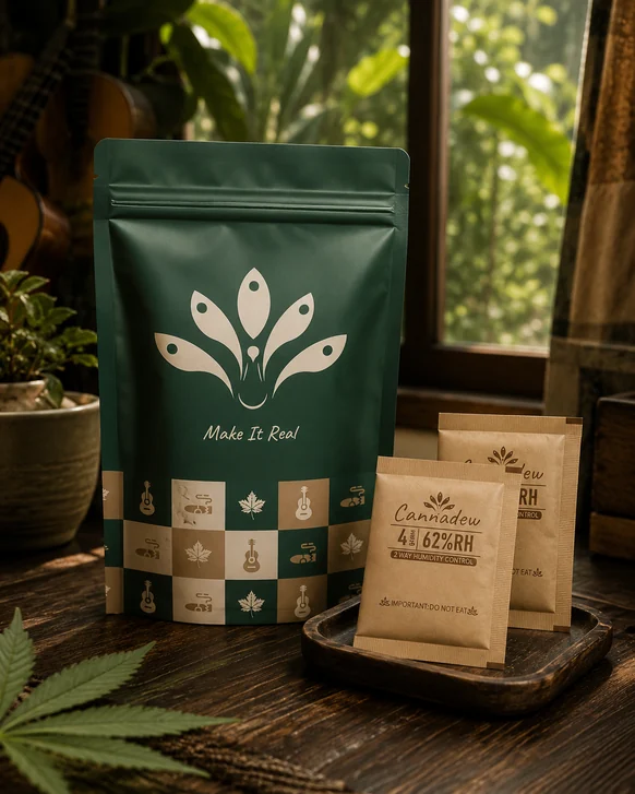 A green resealable pouch of Cannadew 62% humidity packs on a dark wooden table by a window, with two kraft-paper sachets propped in a wooden dish beside it and a cannabis leaf lying in the foreground