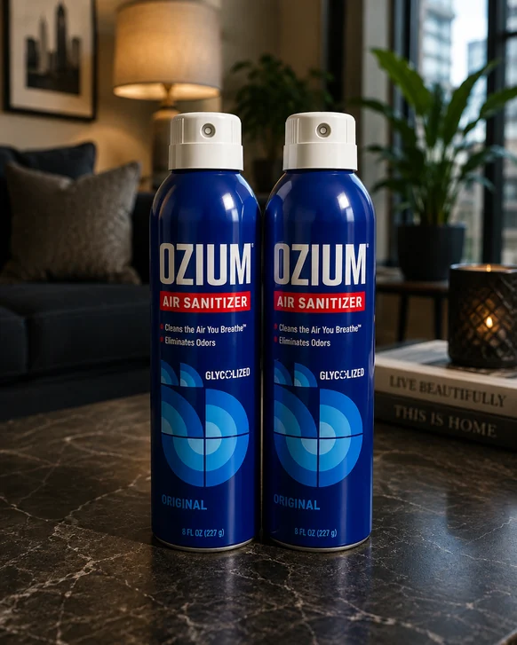 Two blue Ozium air sanitizer aerosol cans standing side by side on a dark marble table in a lamplit living room