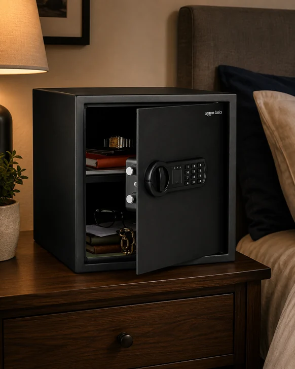 A black Amazon Basics steel home safe on a bedside table, door open on two shelves holding a watch, notebooks, reading glasses and a bracelet, lit by a bedside lamp
