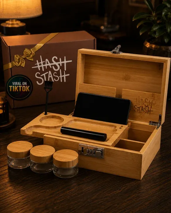 An open bamboo stash box with a combination lock, showing the magnetic rolling tray in the lid, a phone stand, a brush and three glass jars with bamboo lids