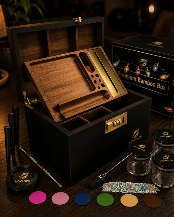 An open black bamboo box with a lift-out wooden organizer tray, adjustable dividers, three glass jars, an ashtray and cleaning tools laid out beside it