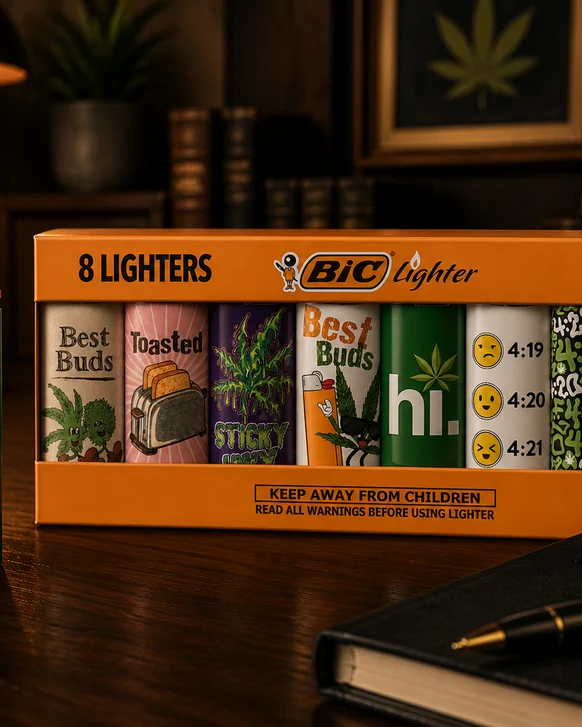 An open box of eight BiC Maxi lighters in different printed designs, with a ninth green lighter standing upright beside it on a dark desk
