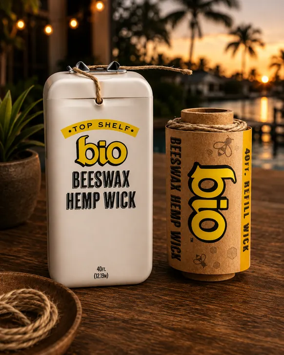 A white BIO beeswax hemp wick travel case with a length of wick threaded through its lid, standing beside a cardboard refill spool on a dark wood table at sunset