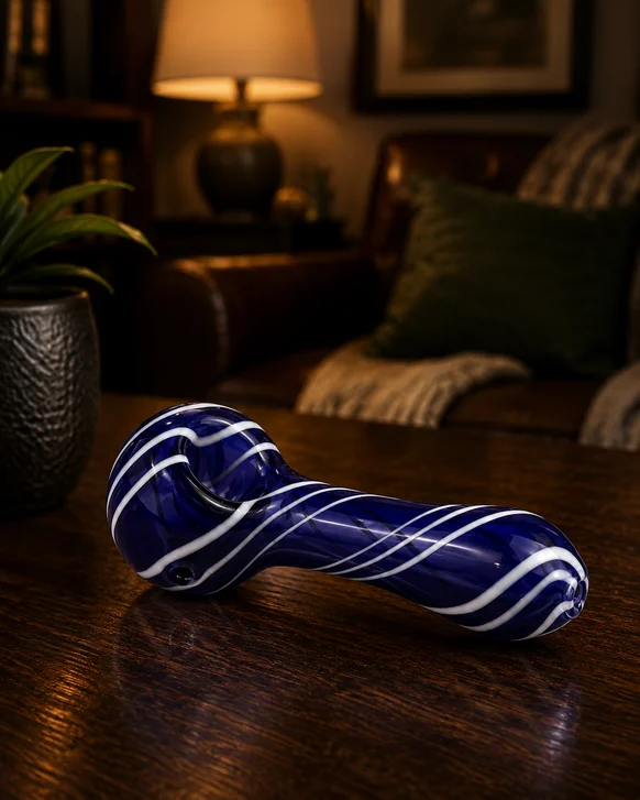 A cobalt blue glass spoon pipe with white spiral cane worked through it, lying at an angle on a dark wood table in a lamplit room