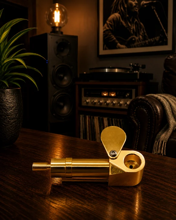A solid brass pocket pipe lying on a dark wood table with its swivel lid open and the sliding stem extended