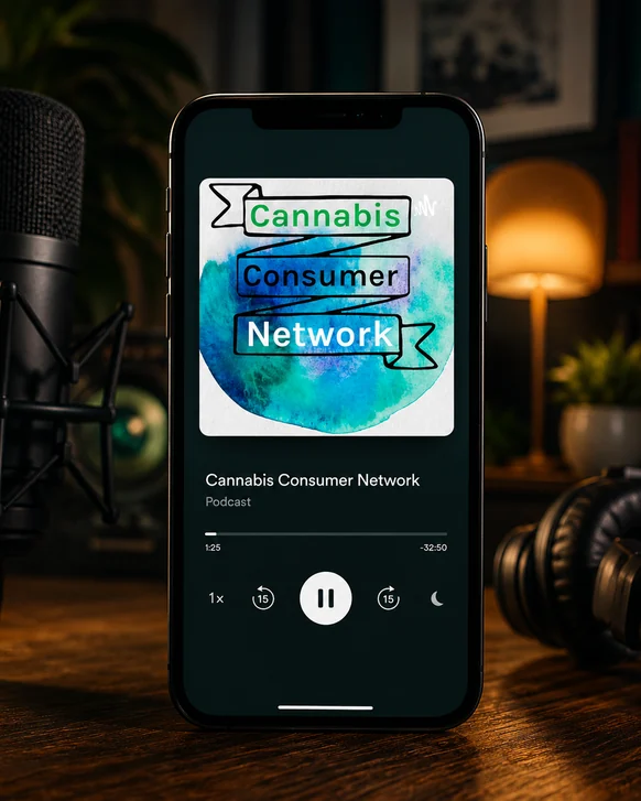 A phone on a dark wooden table showing the Cannabis Consumer Network podcast playing, with a studio microphone and over-ear headphones beside it