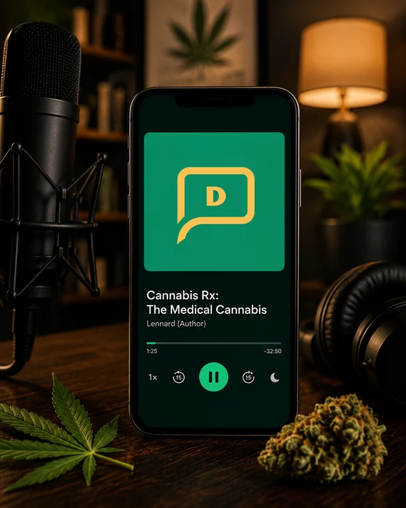 A phone showing the Cannabis Rx podcast playing, beside a studio microphone, headphones, a cannabis leaf and a bud on a dark table