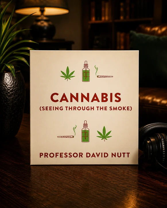 An audiobook case titled Cannabis, seeing through the smoke, by Professor David Nutt, standing on a dark wooden table beside over-ear headphones