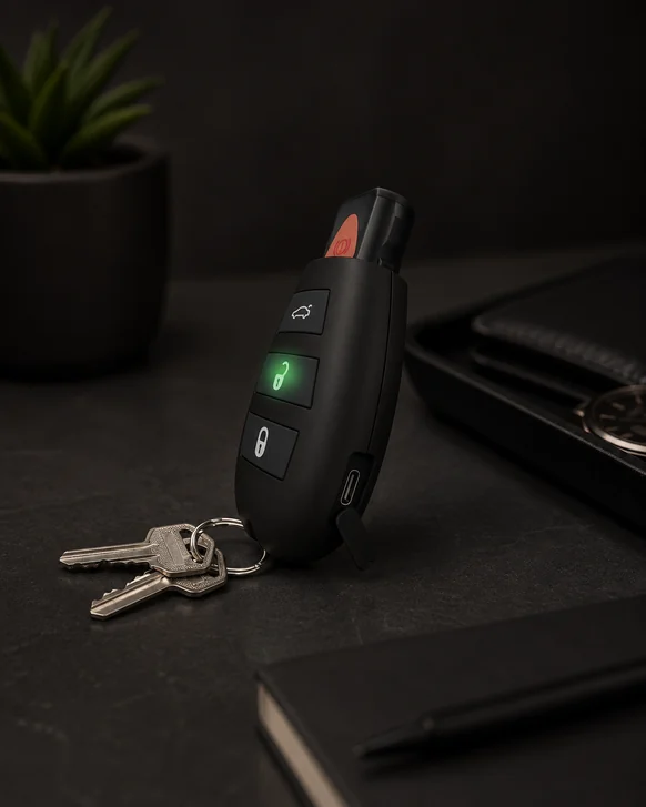 A black car key fob with lock, unlock and boot buttons resting on a dark slate surface, attached by a ring to two ordinary house keys, with a USB-C port visible on its side
