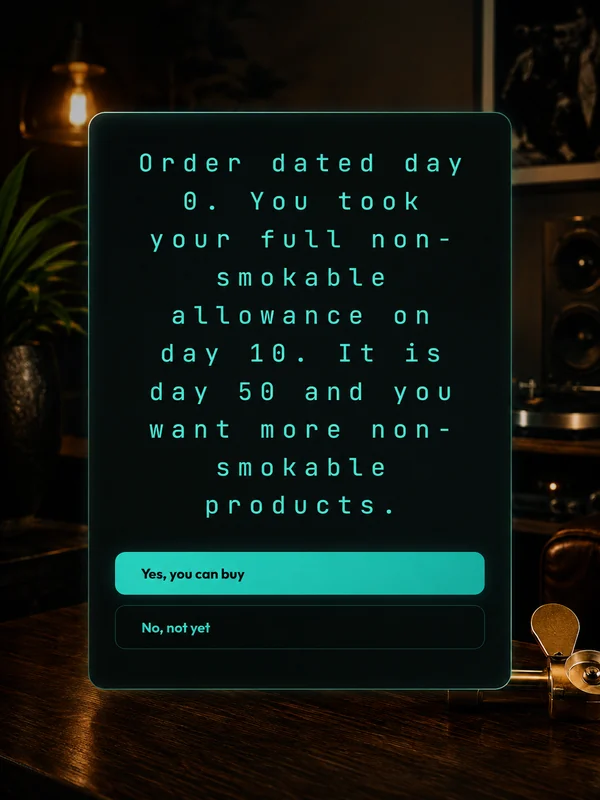 A tablet on a dark table showing a supply-limit question with Yes and No answer buttons beneath it