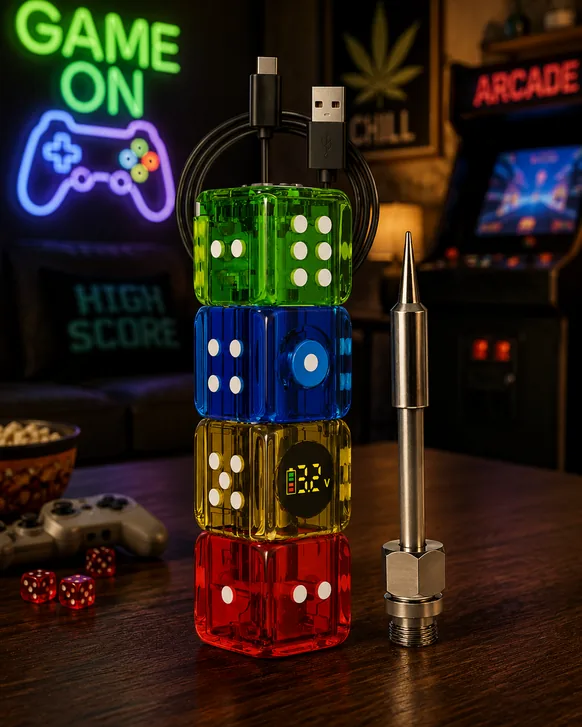 Four translucent dice-shaped 510 batteries in green, blue, yellow and red stacked on a dark table, the yellow one showing 3.2 volts on a small digital readout, with a USB-C cable and a threaded metal tip beside them