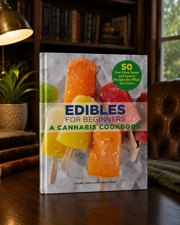 The hardback cookbook Edibles for Beginners: A Cannabis Cookbook by Laurie Wolf and Mary Wolf, standing upright on a dark wood desk beside a brass lamp and a stack of old books