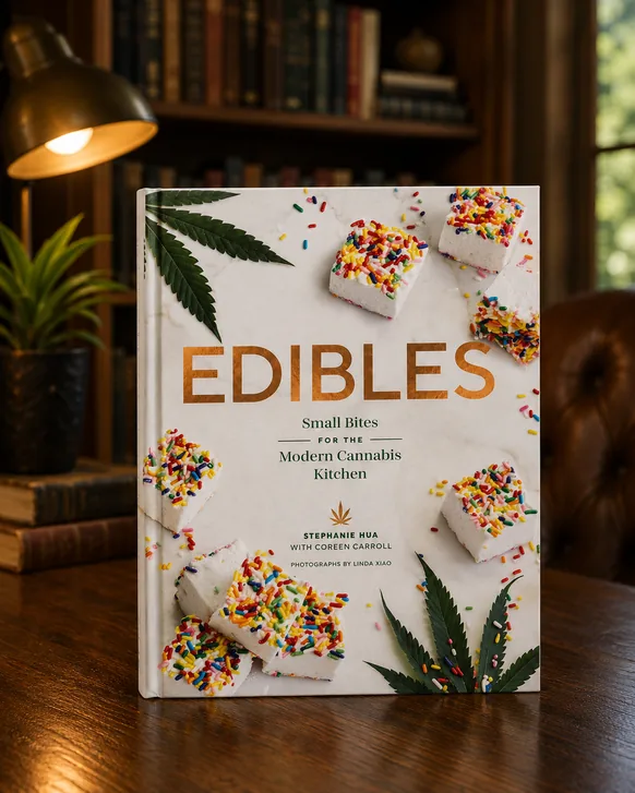 The hardback cookbook Edibles: Small Bites for the Modern Cannabis Kitchen by Stephanie Hua with Coreen Carroll, standing upright on a dark wood desk beside a brass lamp