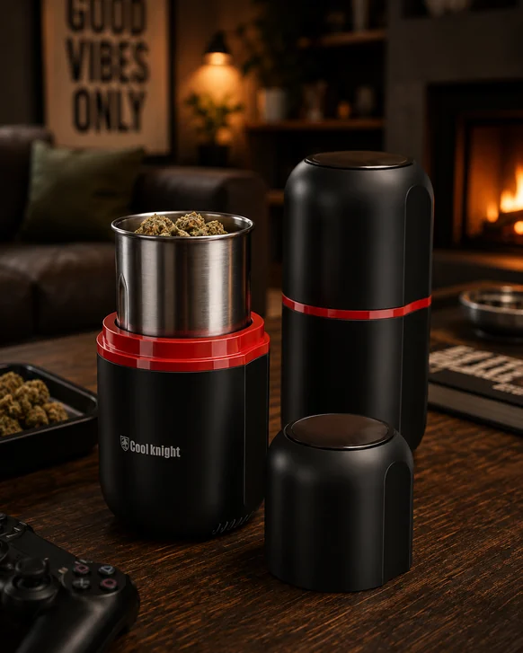 A black and red electric herb grinder on a dark wooden table with its stainless grinding bowl lifted out and full, its lid and dispensing tube standing beside it