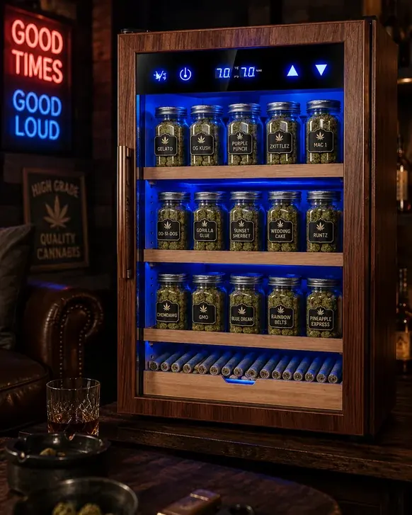 A wood-finished electric humidor cabinet with a glass door and a touch display reading 7.0, its blue-lit shelves holding rows of labeled storage jars with a drawer of pre-rolls beneath