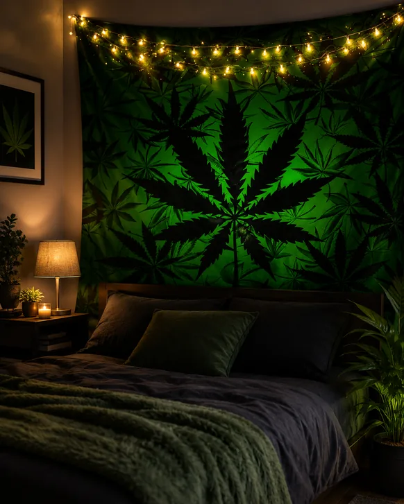 A large green and black leaf-print tapestry hung above a bed, lit by warm string lights along its top edge