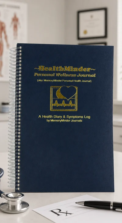 A navy spiral-bound HealthMinder Personal Wellness Journal with gold lettering, standing upright on a bright clinic counter beside a stethoscope and a prescription pad