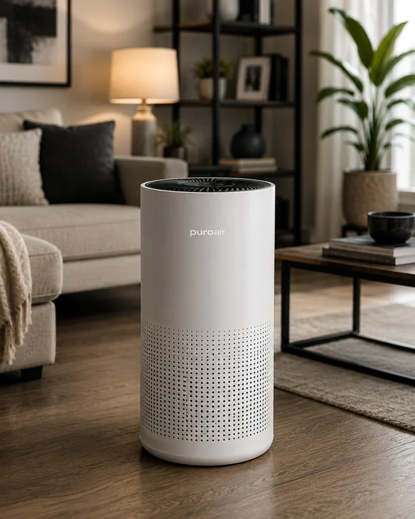 A white cylindrical PuroAir 400 air purifier standing on a wooden floor in a bright living room, its perforated intake ring visible around the base