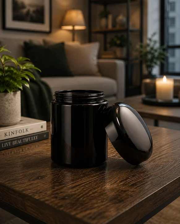 A tall glossy black Infinity Jars ultraviolet glass jar on a dark wooden table with its screw lid leaning against it