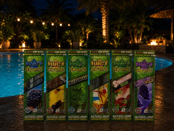 Six packs of Juicy hemp wraps in different flavors standing in a row on a poolside ledge at night