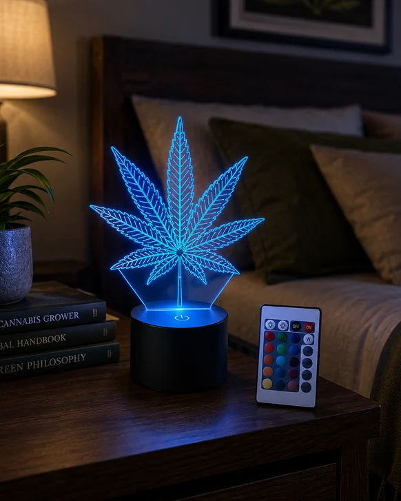 An etched acrylic leaf panel glowing blue on a black cylindrical base, standing on a bedside table beside its color remote