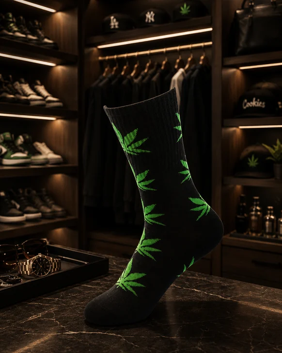 A black cotton crew sock printed with a repeating green leaf pattern, standing upright on a dark marble counter in a lit wardrobe