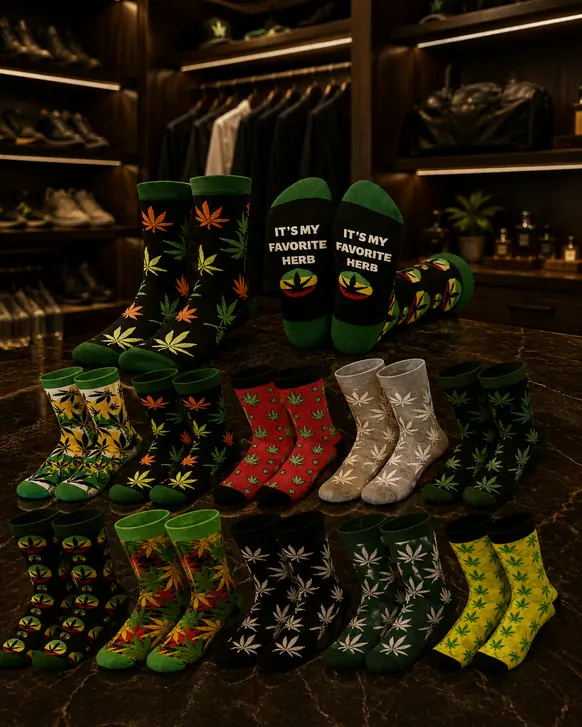 Ten pairs of leaf-print crew socks in different colors and patterns, laid out in rows on a dark marble counter