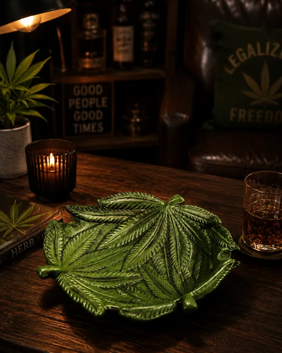 A green cast-resin ashtray molded as a layered leaf, lit from the side on a dark wood table beside a candle