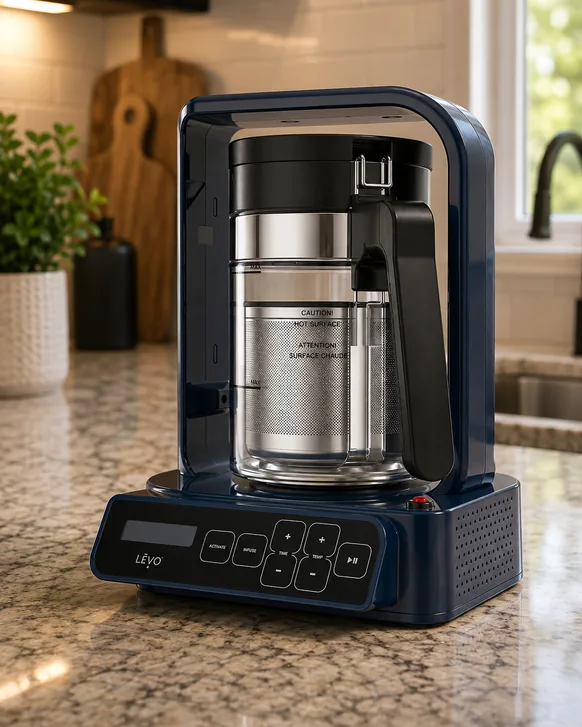 A navy blue LEVO C infusion machine on a granite kitchen counter, its glass vessel and mesh herb pod visible inside the open frame, with a lit control panel across the base