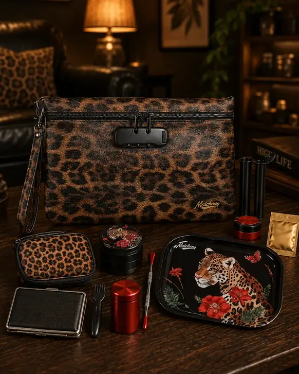 A leopard-print zip clutch with a combination lock on a dark wooden table, its eleven accessories laid out in front: a grinder, a printed tray, an aluminum jar, storage tubes, a cigarette case, a silicone box and a brush