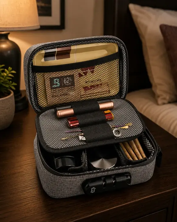 A gray fabric locking case open on a bedside table, its combination lock on the zip, showing mesh pockets holding storage tubes, a metal grinder, a humidity pack, papers and small tools