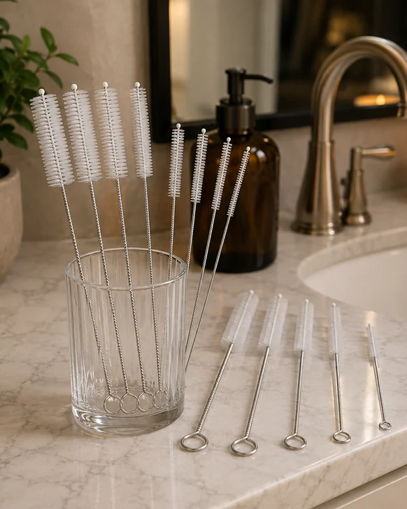A set of long wire-stemmed cleaning brushes in graduated widths, the longest standing in a fluted glass on a marble bathroom counter and the narrowest laid out in a row beside it
