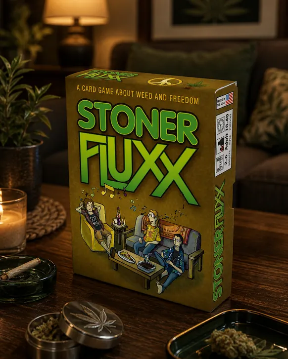 The boxed card game Stoner Fluxx standing upright on a dark wood table beside a candle and a lamp