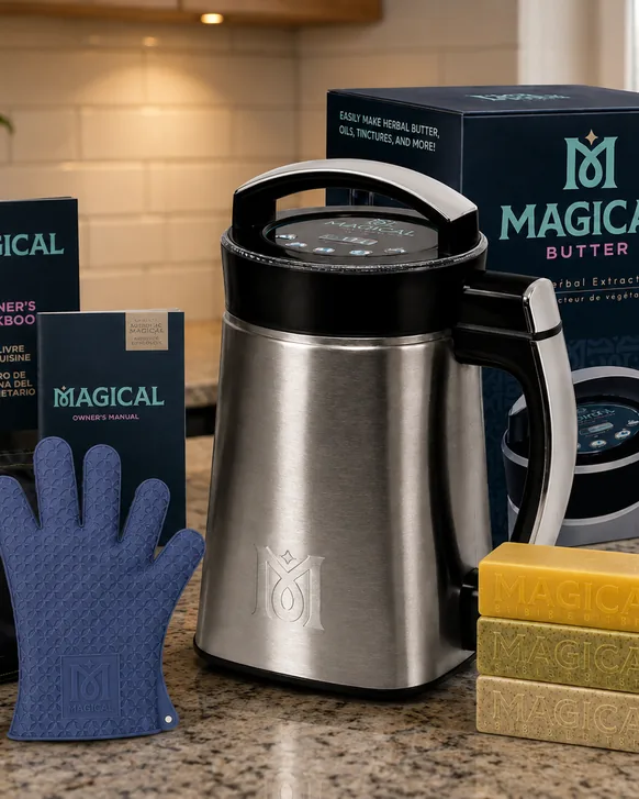 A stainless steel Magical Butter MB2e herbal extractor on a granite kitchen counter, with its owner's manuals, a silicone glove, a filter bag, blocks of butter and its retail box arranged around it