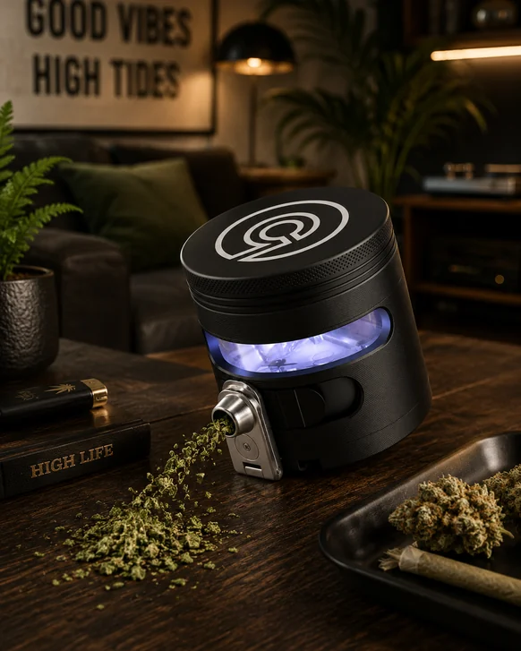 A black cylindrical electric grinder with an illuminated blue viewing window, dispensing ground herb from a hinged metal spout onto a dark wooden table beside a rolling tray