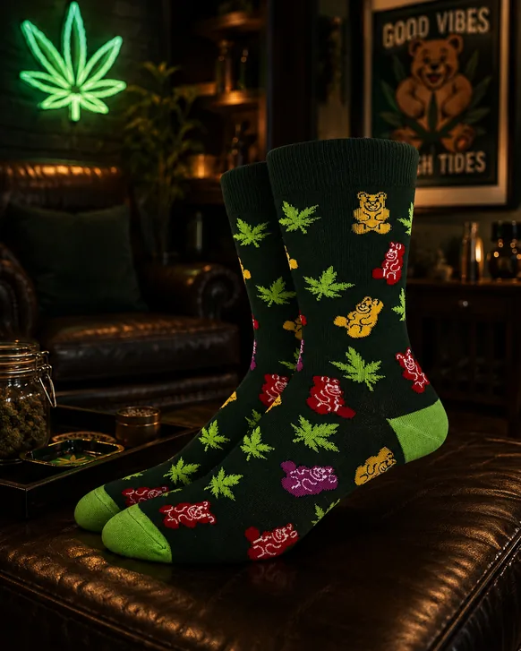 A pair of dark green crew socks printed with leaves and colored gummy bears, with bright green toes and heels, standing on a leather ottoman