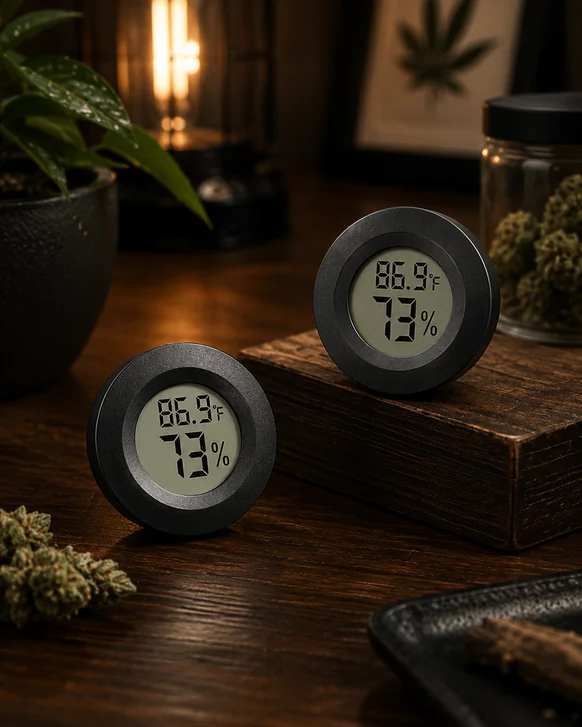 Two round black digital hygrometers on a dark wooden table, each reading 86.9 degrees Fahrenheit and 73 percent humidity, with a storage jar behind them