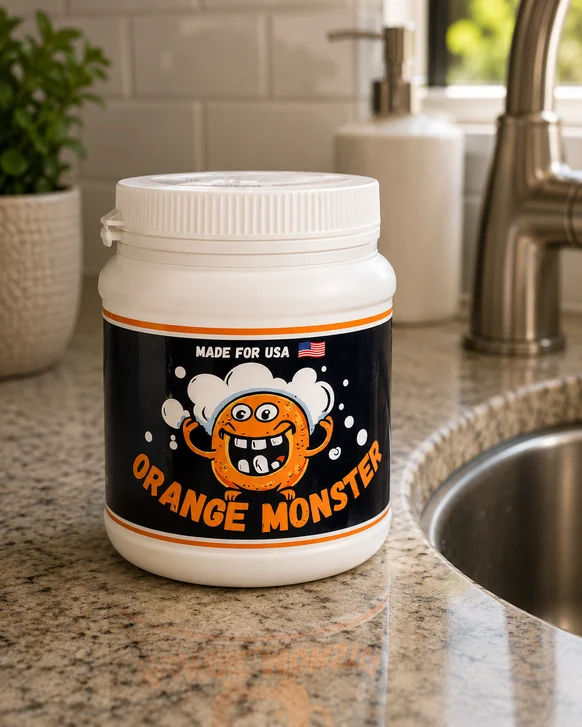 A white tub of Orange Monster cleaning powder with a screw lid, standing on a granite counter beside a kitchen sink
