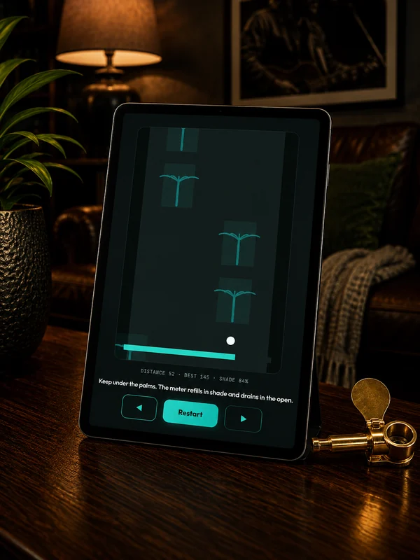A tablet on a dark table showing a top-down arcade road lined with palms and a shade meter along the bottom