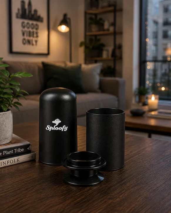 A black Sploofy personal smoke filter on a dark wooden coffee table, shown in three parts: the outer body, the inner sleeve and the replaceable cartridge standing in front