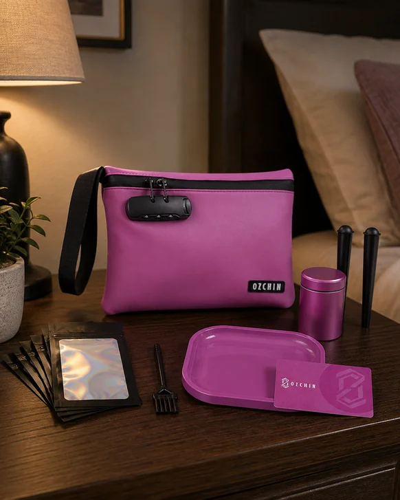 A magenta soft lock pouch with a combination lock on its zip pulls, on a bedside table with its starter kit laid out: a matching tray, screw-top tin, resealable bags, a brush and two storage tubes