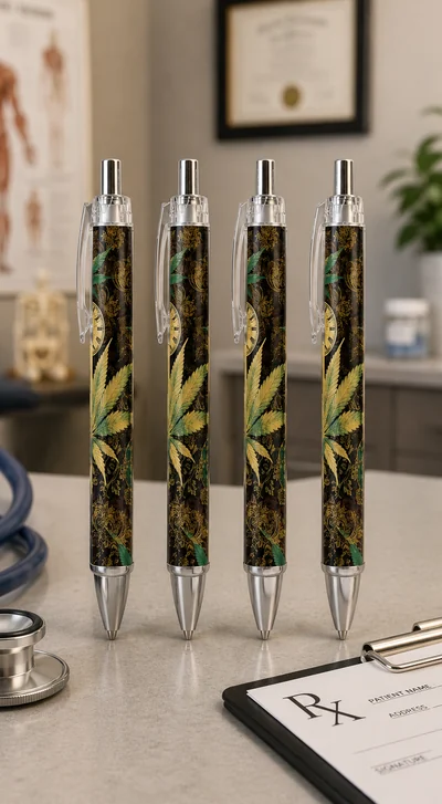 Four retractable pens with green and gold cannabis-leaf printed barrels, standing upright on a bright clinic counter beside a stethoscope and a prescription clipboard