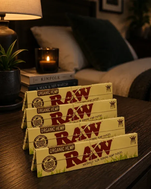 Four packs of RAW Organic Hemp king size slim rolling papers tied with twine, fanned across a dark wood nightstand beside a lamp and a lit candle