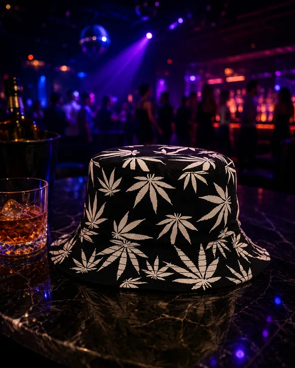 A black bucket hat printed with a repeating white leaf pattern, resting on a dark marble surface under colored lighting