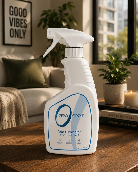 A white Zero Odor multi-purpose odor eliminator spray bottle with a trigger head, standing on a dark wooden table in a sunlit living room