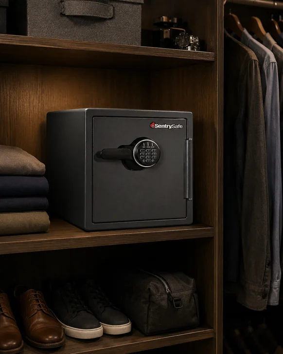 A black SentrySafe fire-rated home safe with a digital keypad, sitting on a wooden closet shelf between folded clothes, with shoes and hanging shirts around it