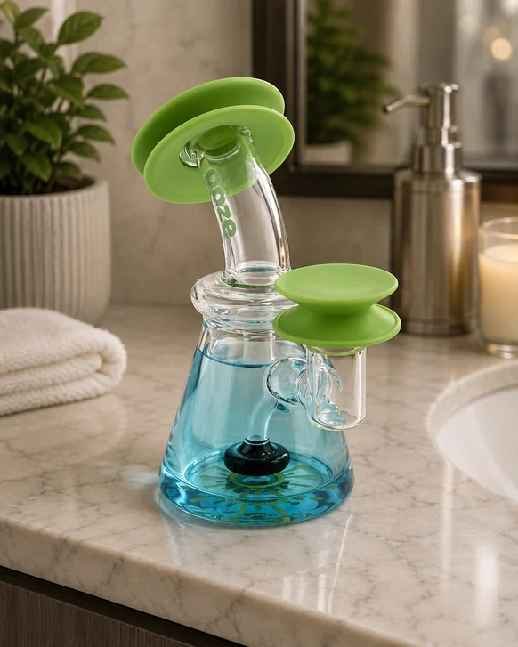 Two green silicone caps stretched over the mouthpiece and the side opening of a glass water pipe on a marble bathroom counter, sealing it with the water still inside