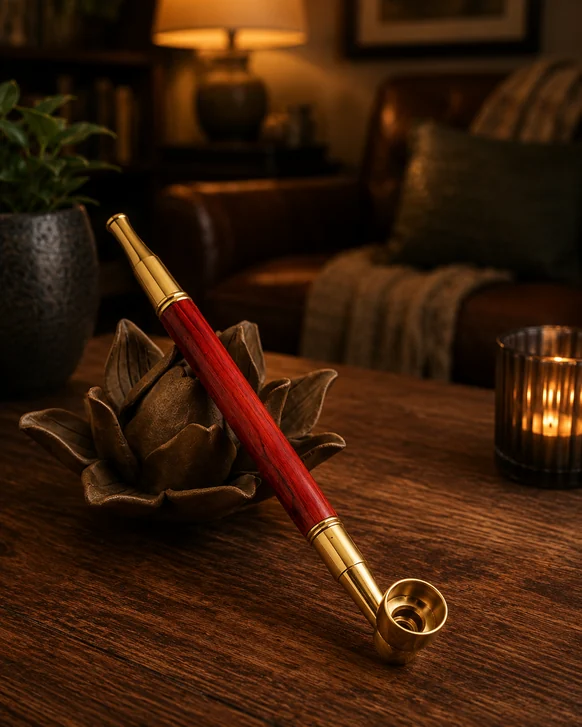 A long rosewood pipe with polished brass fittings and a brass bowl, resting against a metal lotus ornament on a dark wood table beside a lit candle