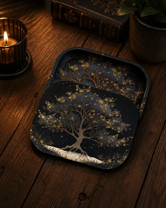 A 7 by 5 inch metal rolling tray printed with a gold tree of life on a midnight background, its matching magnetic lid resting behind it on a dark wood table beside a candle